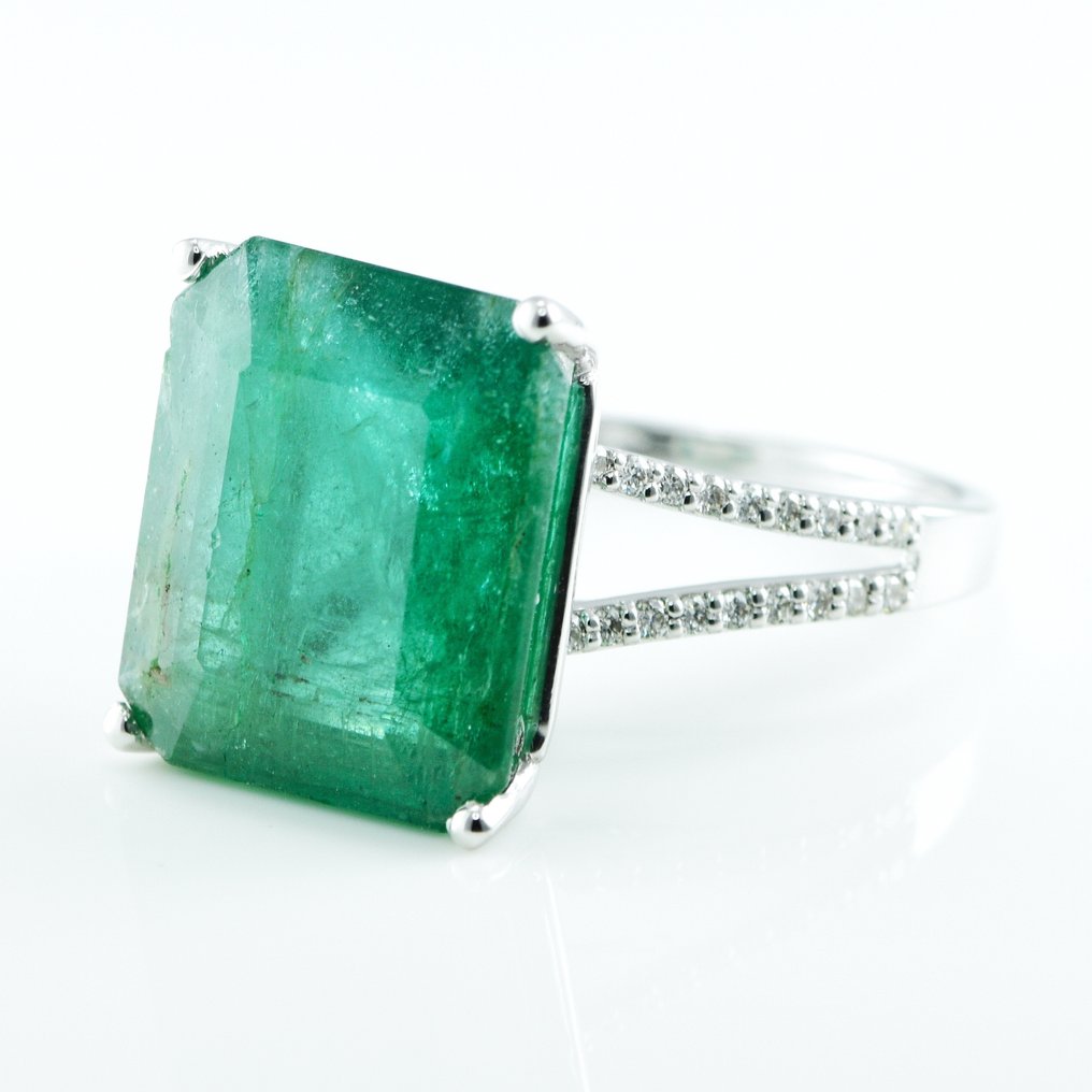 Ring - 14 karaat Witgoud -  9.75ct. tw. Smaragd - Diamant #1.1