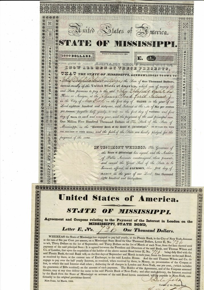 Stany Zjednoczone. 1833 - State of Mississippi 1833 - Bond $ 1000 + Agreement - Nr. 726 #1.1
