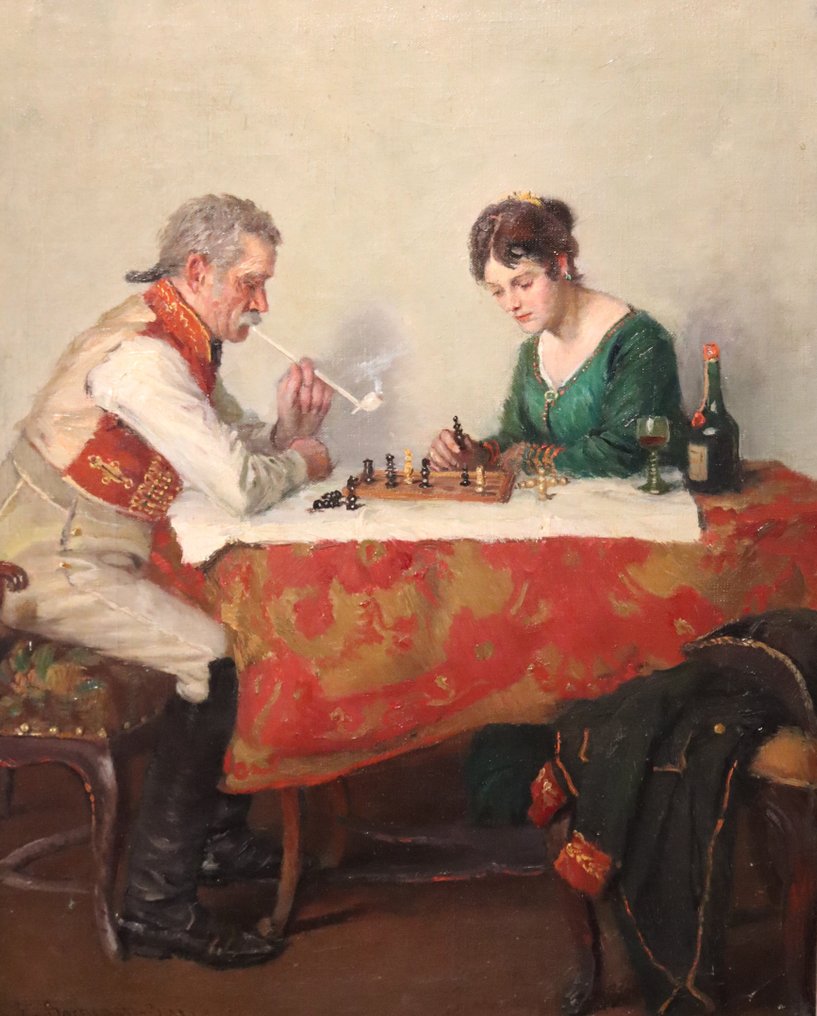 Emmanuel Bachrach-Barée (1863-1943) - Schaakspelende huzaar met vrouw #1.1