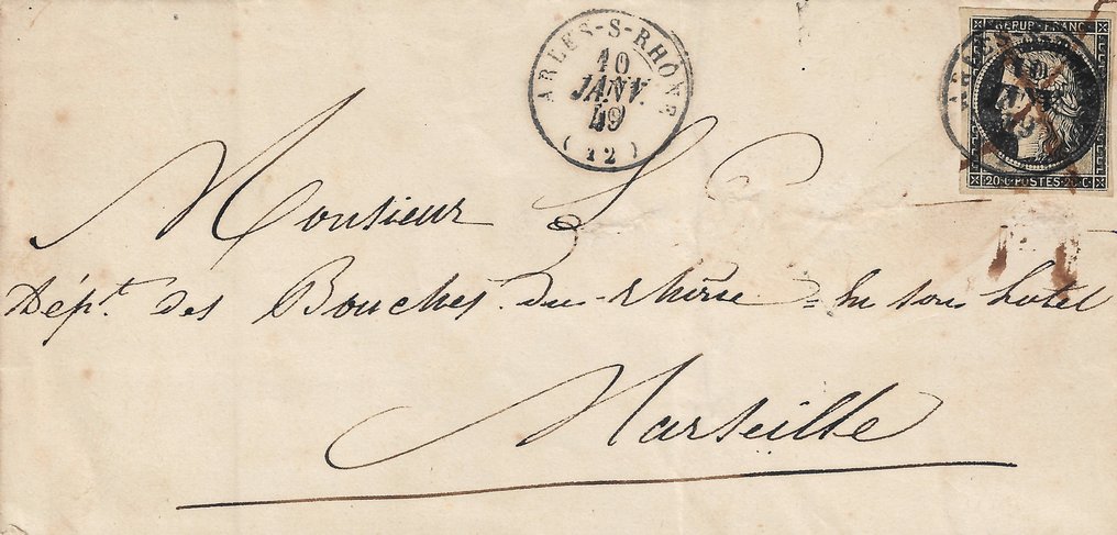 Frankreich 1850 - 20 Rappen schwarz gestempelte Feder und T15 vom 10. Januar 49 - Yvert et Tellier n°3 #1.1