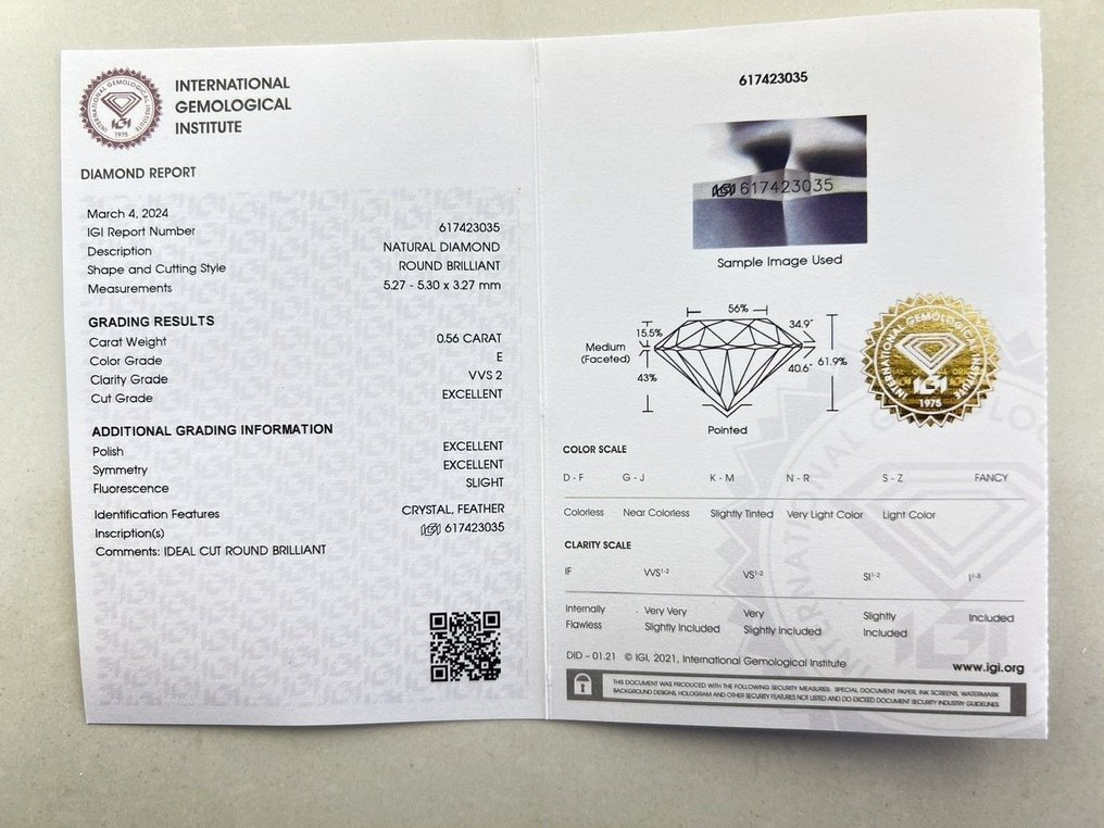 1 pcs Diamant  (Naturelle)  - 0.56 ct - Rond - E - VVS2 - International Gemological Institute (IGI) #2.1