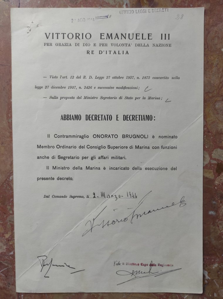 Asiakirja - R.S.I. - Autografo Re Vittorio Emanuele III e Ministro De Courten - 1944 #1.1