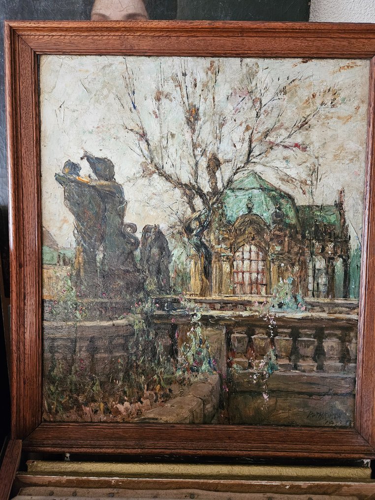 Oscar Rothkirch (1880-1961) - Impressionistische Duits voorjaarslandschap met kerk, beelden, vijver #1.2