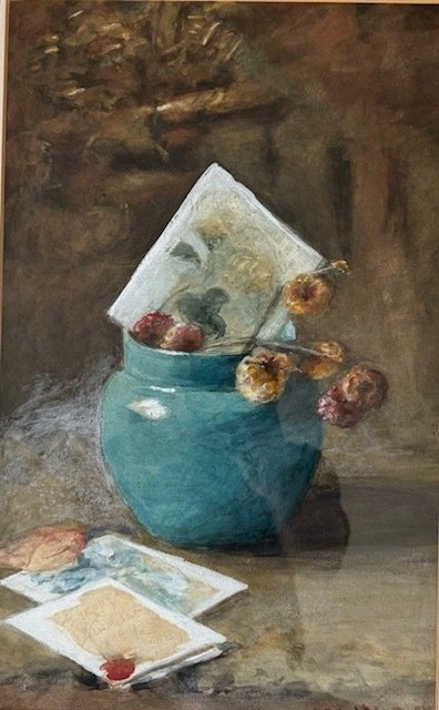 Clémence Pruijs van der Hoeven(1839-1921) - Stilleven met vaas en kaarten #1.1