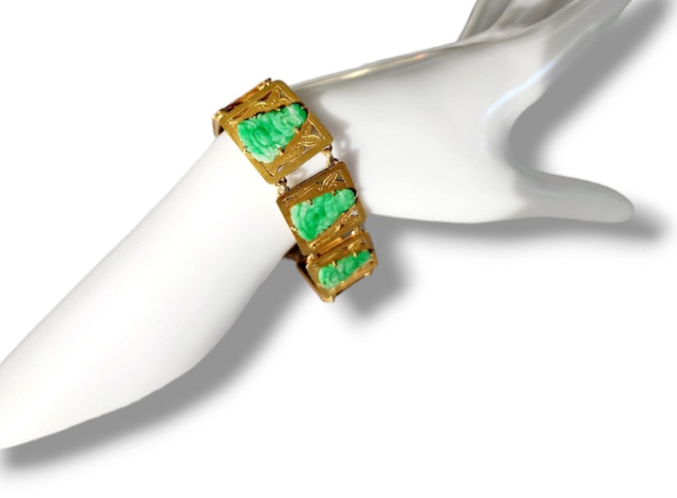 Bracelete Pulseira vintage de ouro 14k e jade verde 28 gramas com motivo chinês Jade #2.2