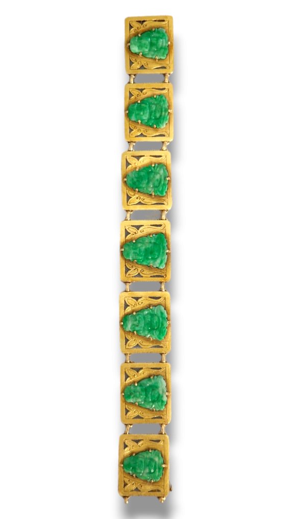 Rannekoru Vintage 14k kultainen ja vihreä jade rannekoru 28 grammaa kiinalainen motiivi Jade #3.2