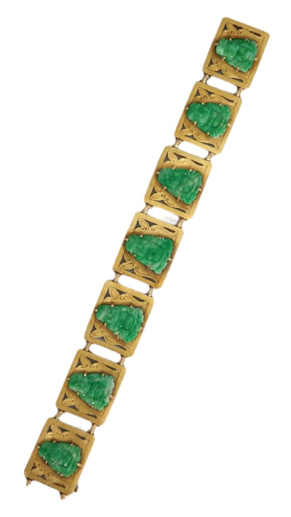 Rannekoru Vintage 14k kultainen ja vihreä jade rannekoru 28 grammaa kiinalainen motiivi Jade #3.1