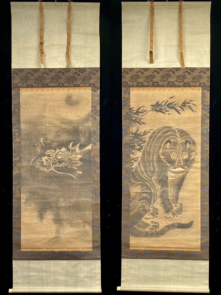 Wonderful ink painting of dragon and tiger - With seals Kaihō 海北 & Yūshō 友松 - Attributed to Kaihō Yūshō (1533-1615) - Japán - Kora Edo-kor #1.1