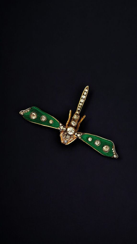Pregadeira Magnífica libélula antiga com esmalte de ouro e joias de diamante, Rússia, por volta de 1900, Russe #2.1