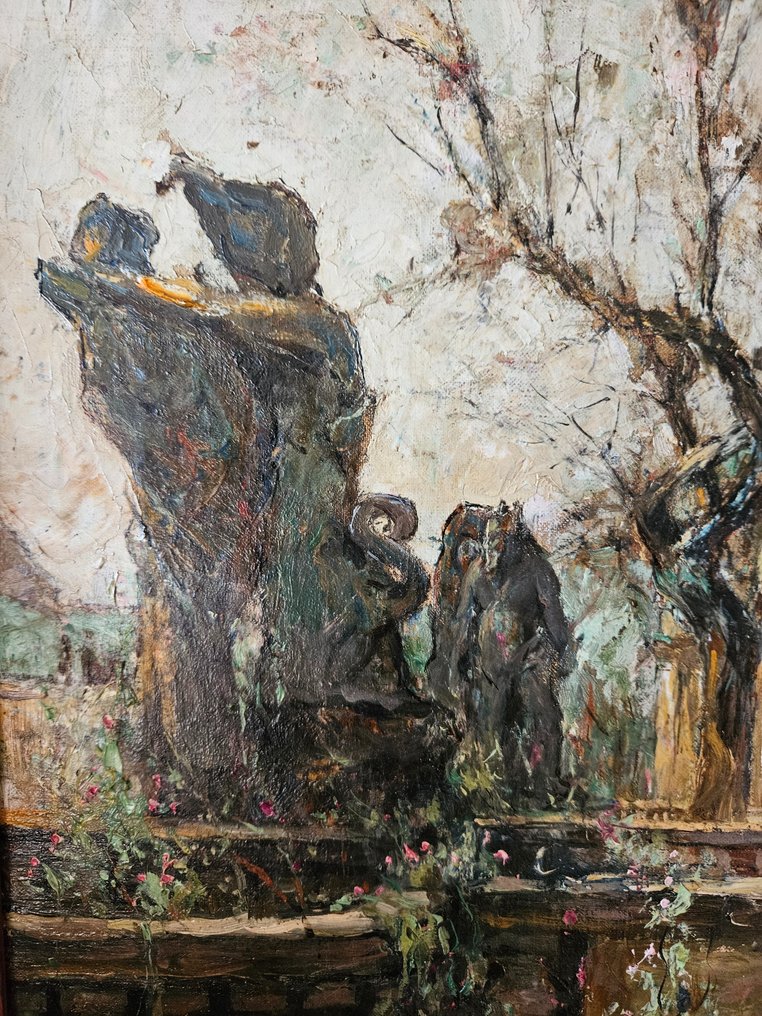 Oscar Rothkirch (1880-1961) - Impressionistische Duits voorjaarslandschap met kerk, beelden, vijver #2.1