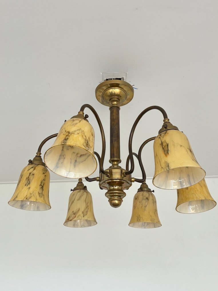 Lamp - Massief koperen met marmer look glazen kappen - Glas, Koper #1.1
