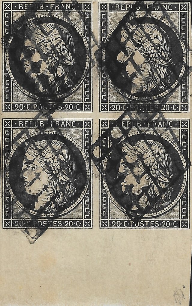 Frankrike 1849 - Superb og veldig sjelden 20 centimes intens svart på gul blokk av 4 kansellert av rutenettet - Yvert et Tellier n°3 #1.1