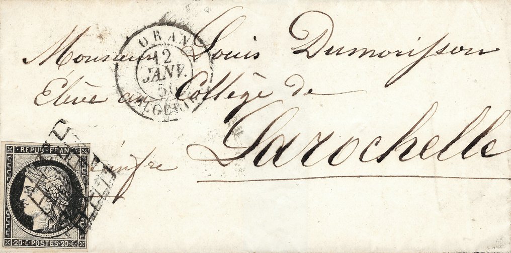 Francia 1850 - uso muy raro de los 20 céntimos negros en Argelia - Yvert et Tellier n°3 #1.1