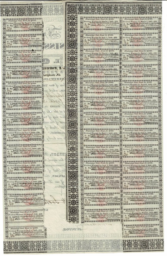 Amerikas forente stater. 1833 - State of Mississippi 1833 - Bond $ 1000 + Agreement - Nr. 726 #2.1