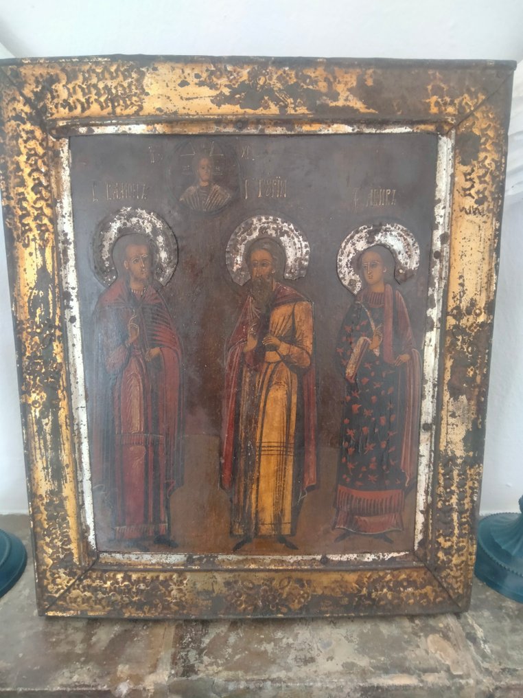 標誌 - 古老的俄羅斯聖像“三位聖人，薩蒙·古里吉和阿維夫”，19 世紀 - 木, 蛋彩畫、金屬 #1.1