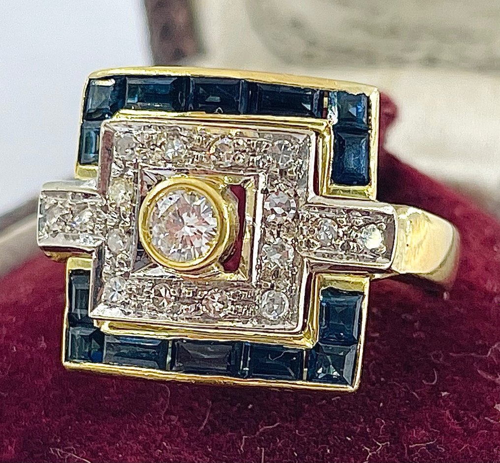 Ring - 18 kt Gelbgold Diamant  (Natürlich) - Saphir #2.1