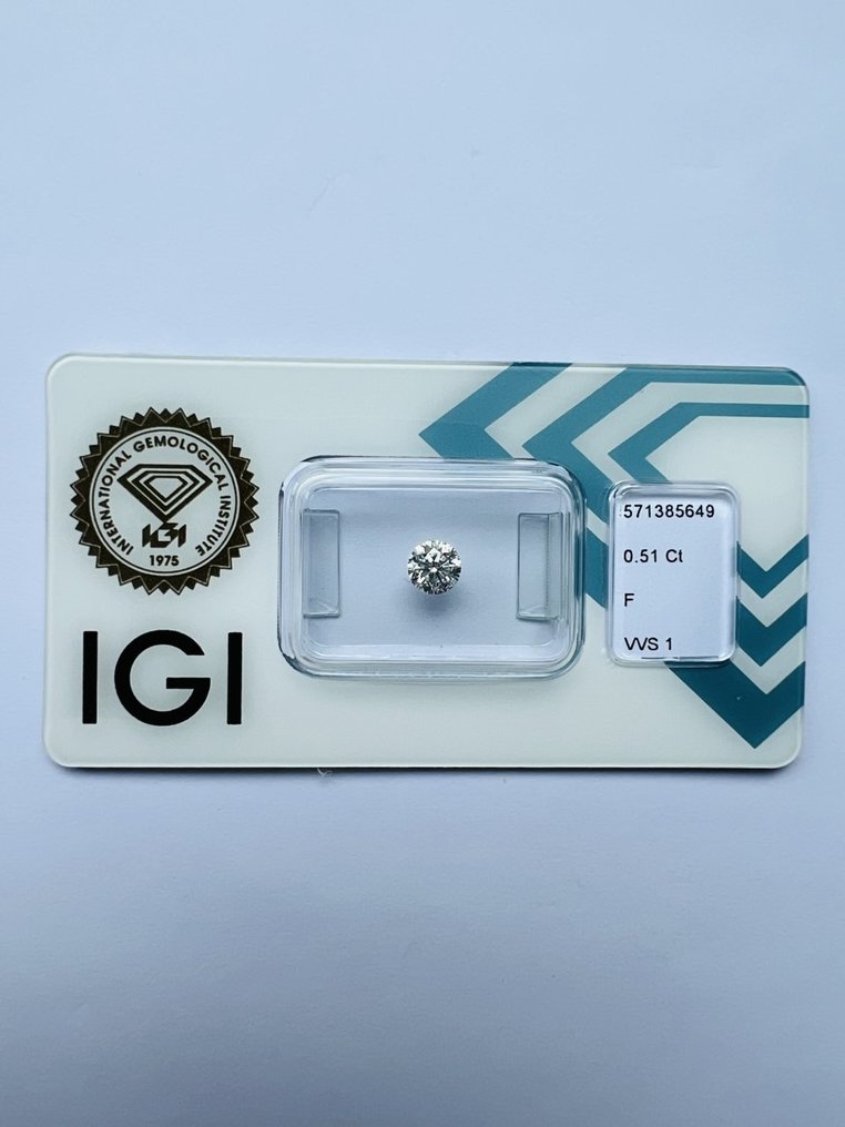 1 pcs Diament  (Naturalny)  - 0.51 ct - okrągły - F - VVS1 (z bardzo, bardzo nieznacznymi inkluzjami) - International Gemological Institute (IGI) #1.1