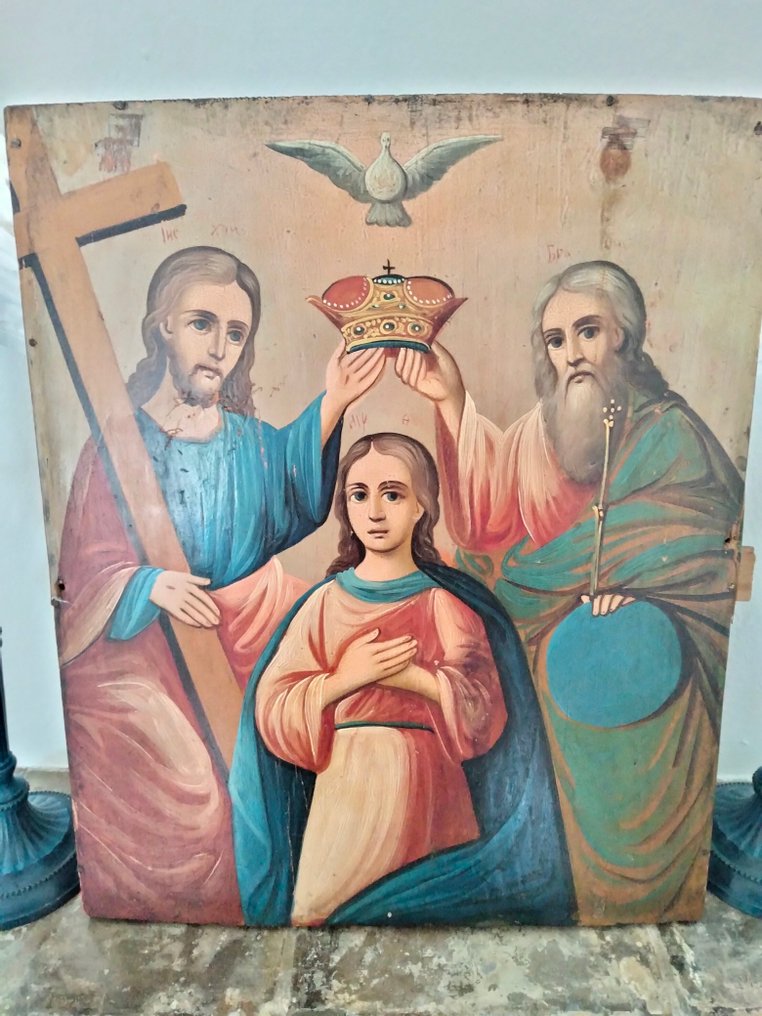 标志 - 古老的俄罗斯圣像“圣母加冕”。 19世纪 - 木, 脾气 #1.1