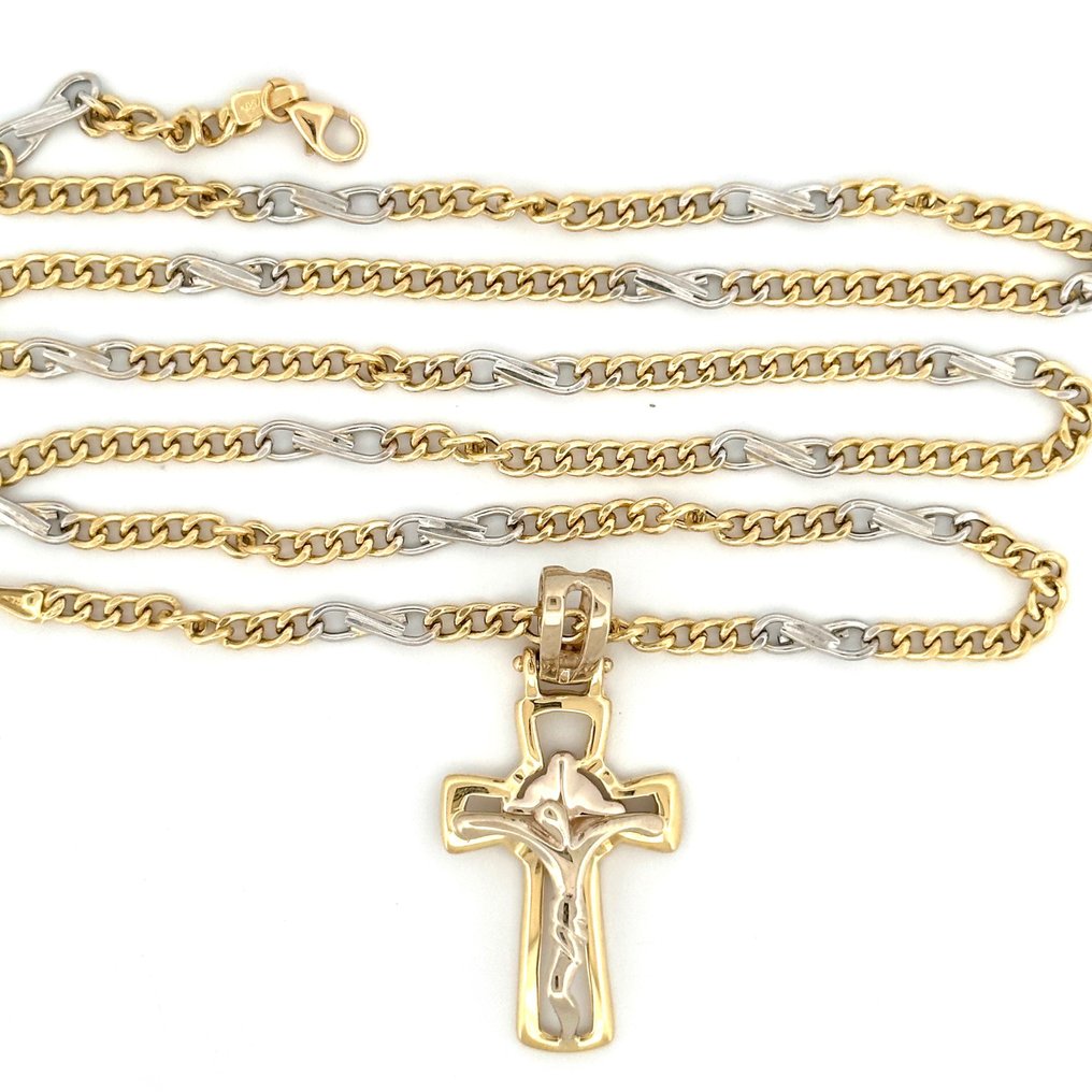 Collana con croce - 12 g - 60 cm - 18 Kt - Halskette mit Anhänger - 18 kt Gelbgold, Weißgold #2.1