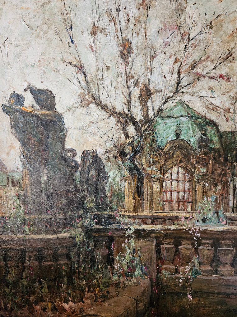 Oscar Rothkirch (1880-1961) - Impressionistische Duits voorjaarslandschap met kerk, beelden, vijver #1.1