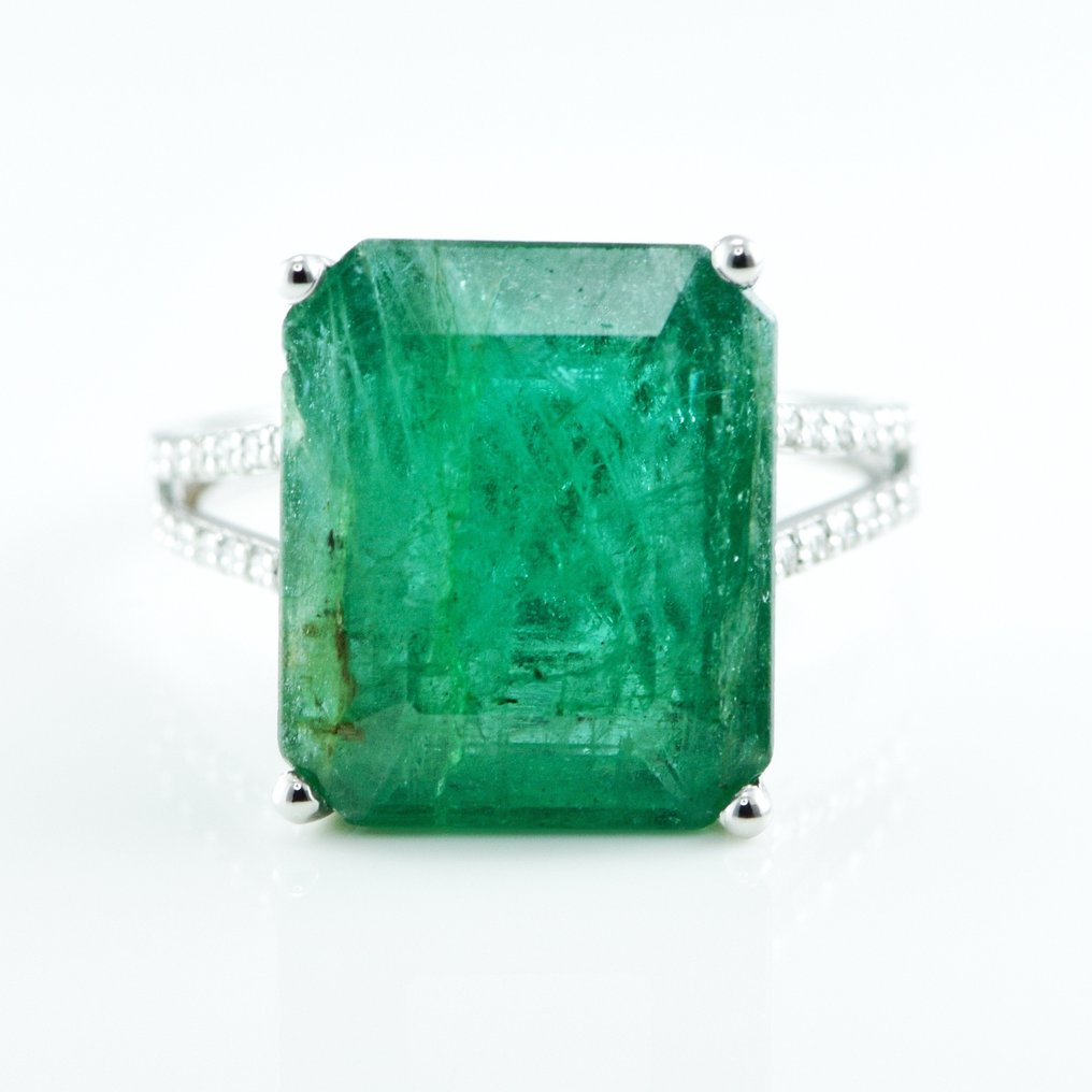 Ring - 14 kt Vittguld -  9.75ct. tw. Smaragd - Diamant #1.2