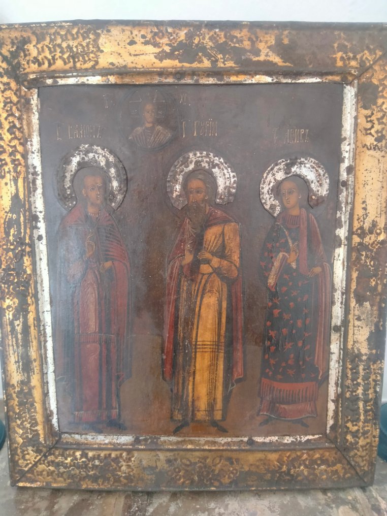 标志 - 古老的俄罗斯圣像“三位圣人，萨蒙·古里吉和阿维夫”，19 世纪 - 木, 蛋彩画、金属 #1.2