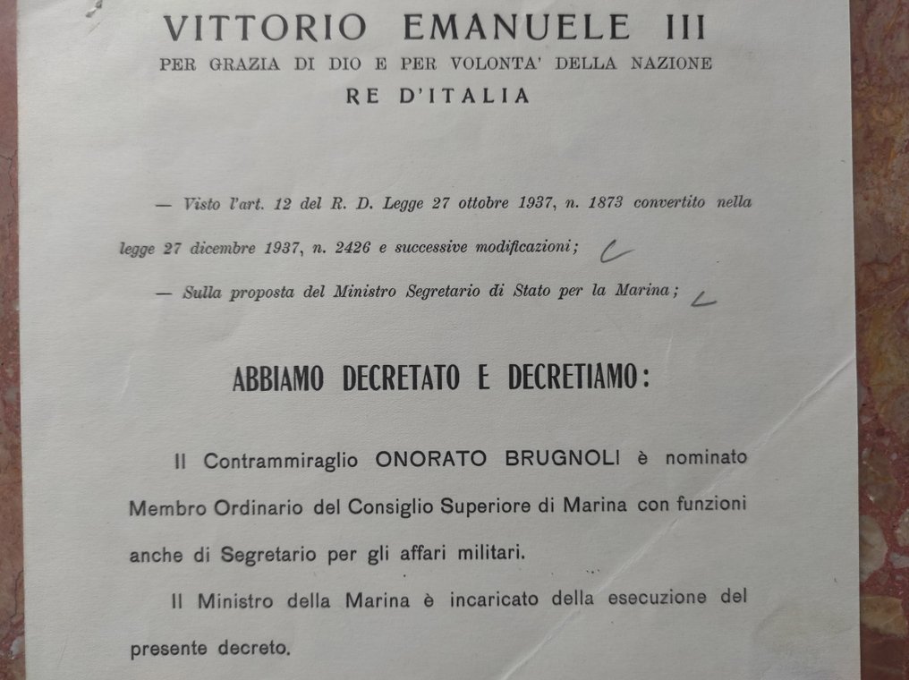 Asiakirja - R.S.I. - Autografo Re Vittorio Emanuele III e Ministro De Courten - 1944 #2.1
