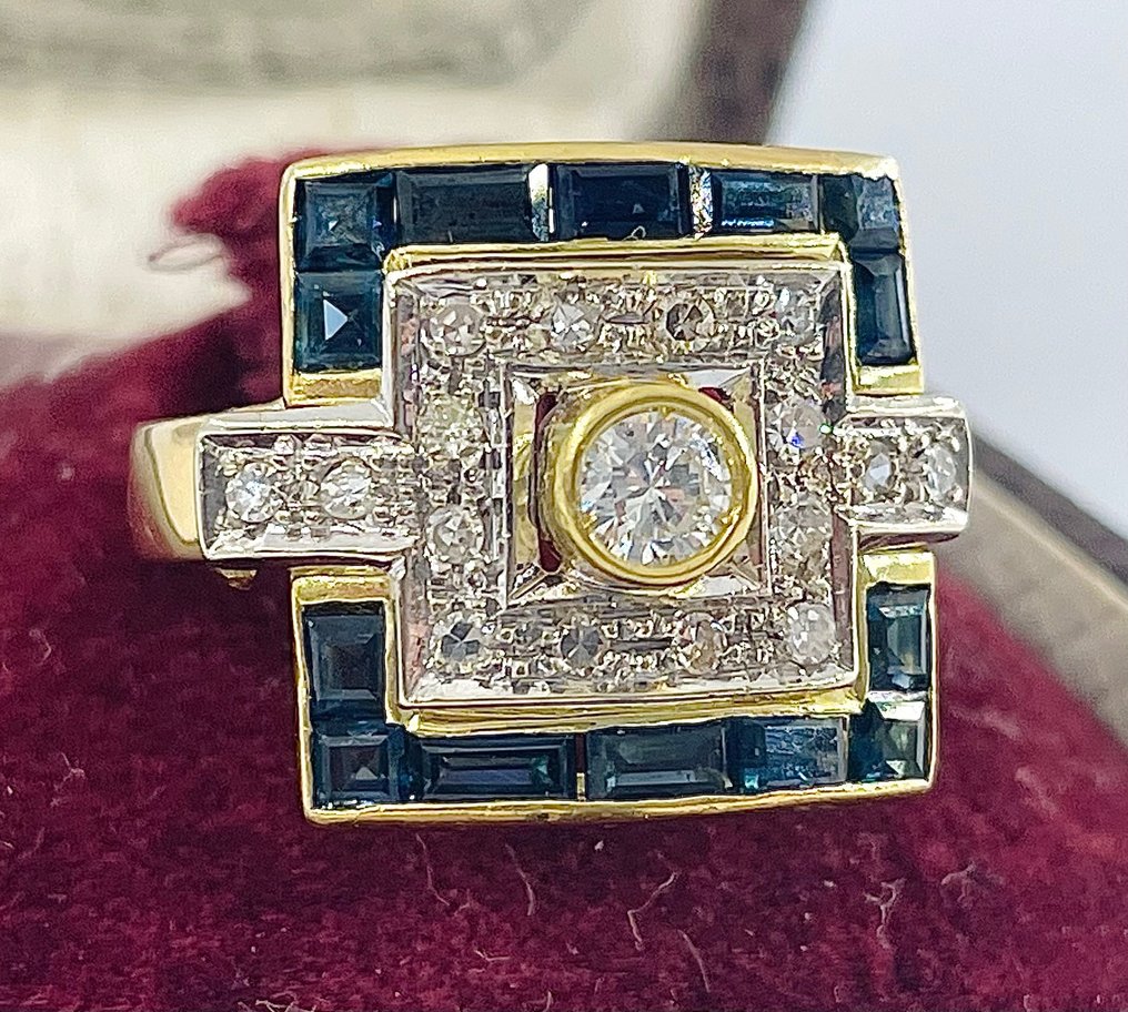 Ring - 18 kt. Yellow gold Diamond  (Natural) - Sapphire #1.2