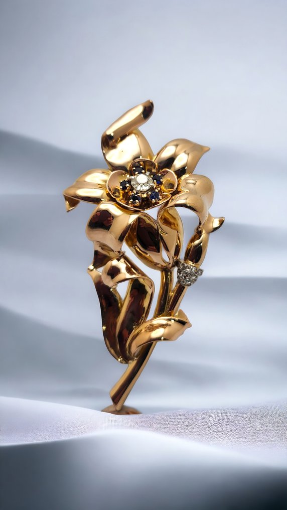 Broche Vintage 18k gouden saffier en 0,5 karaat diamant grote broche 25,9 gram #1.1
