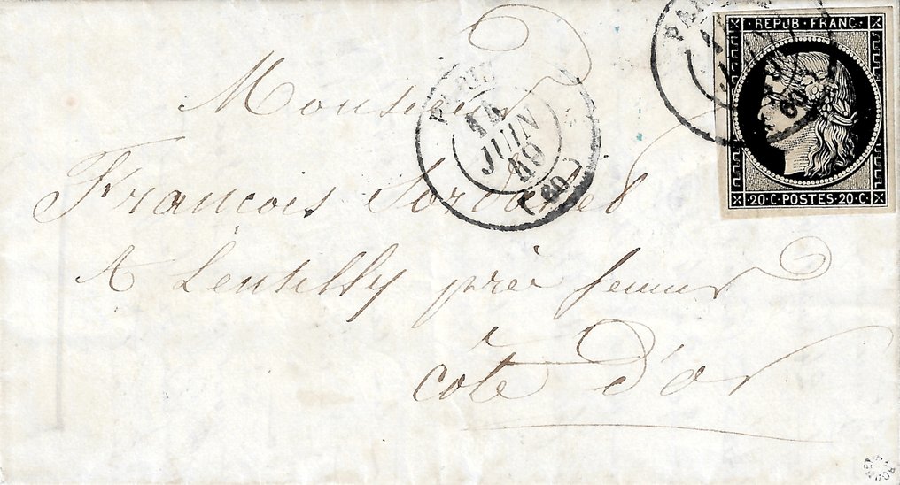 Ranska 1849 - erittäin harvinainen 20 senttiä musta peruutetussa T15-kirjeessä 15.6.49 - Yvert et Tellier n°3 #1.1