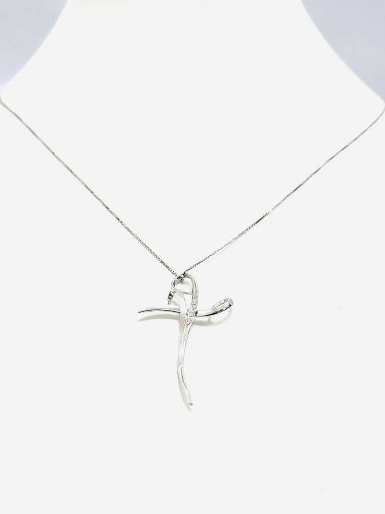 Necklace with pendant - 18 kt. White gold -  0.08ct. tw. Diamond  (Natural) #2.2