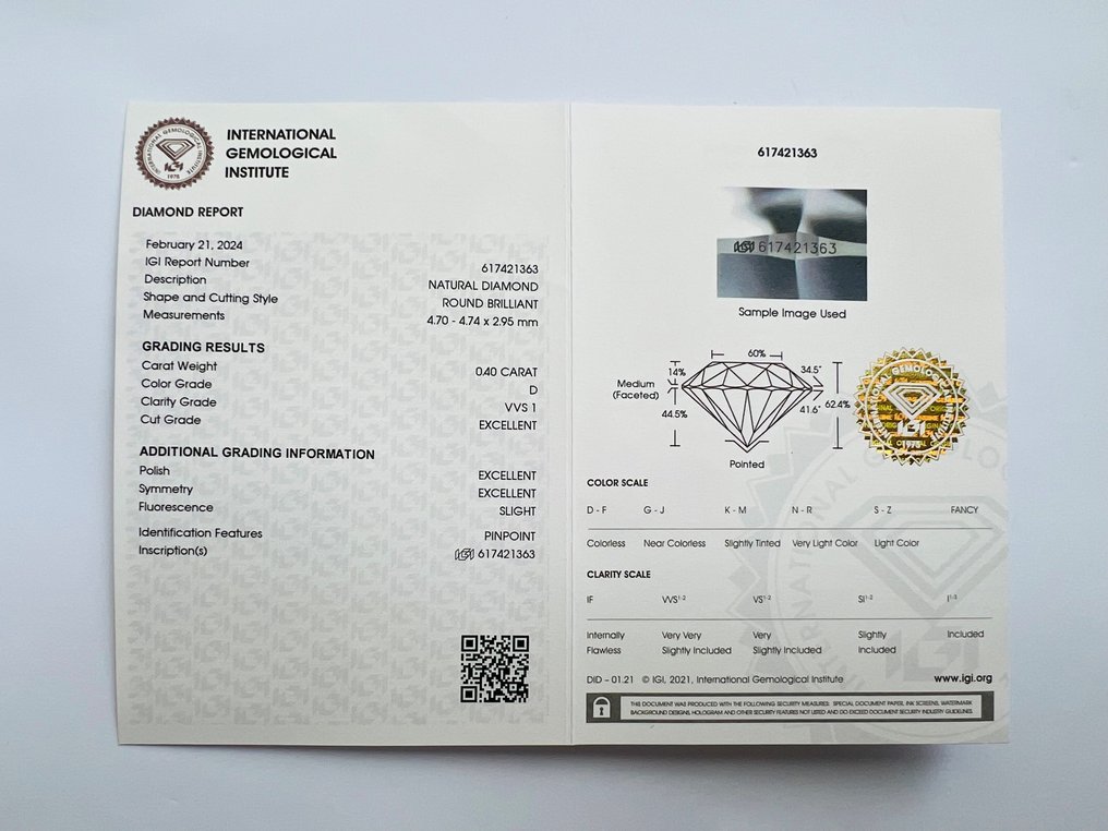 1 pcs 鑽石  (天然)  - 0.40 ct - D (無色) - VVS1 - 國際寶石學院（International Gemological Institute (IGI)） #2.1