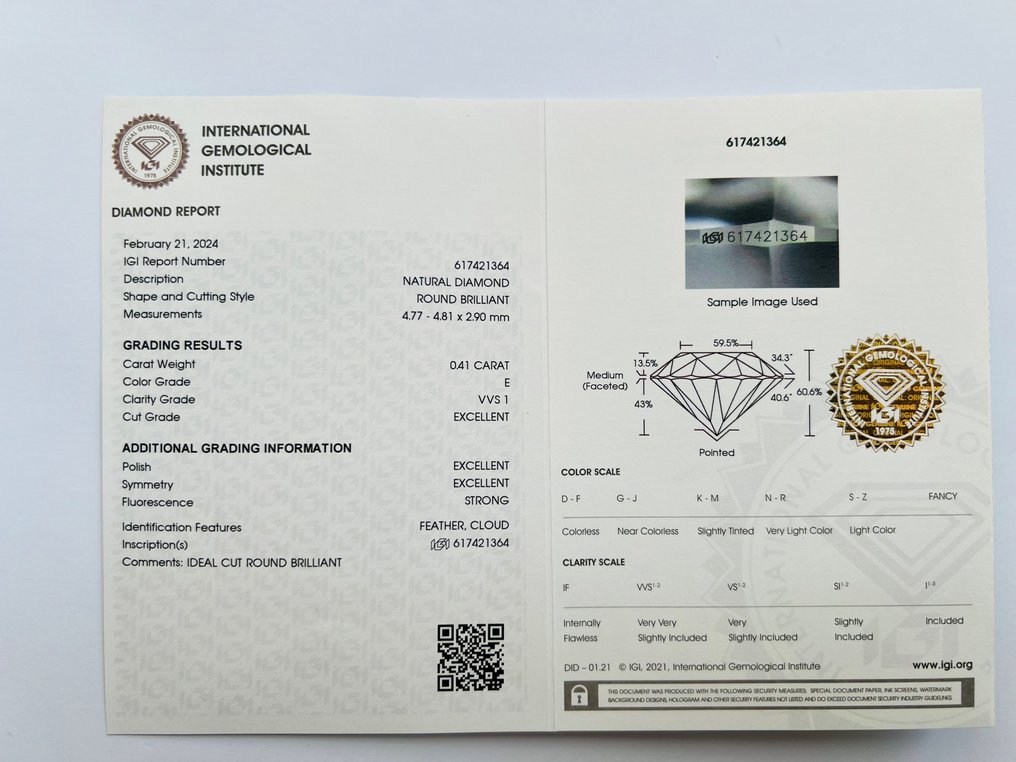 1 pcs Diamante  (Naturale)  - 0.41 ct - Brillante - E - VVS1 - International Gemological Institute (IGI) #2.1