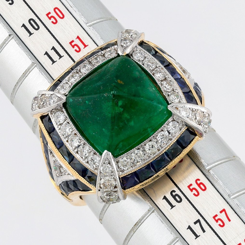 (IGI Certified) - Emerald 5.25 Blue Sapphires 1.72ct 36 Pcs Diamond 0.76 Ct 38 Pcs - Bague - 14 carats Or blanc, Or jaune #2.1