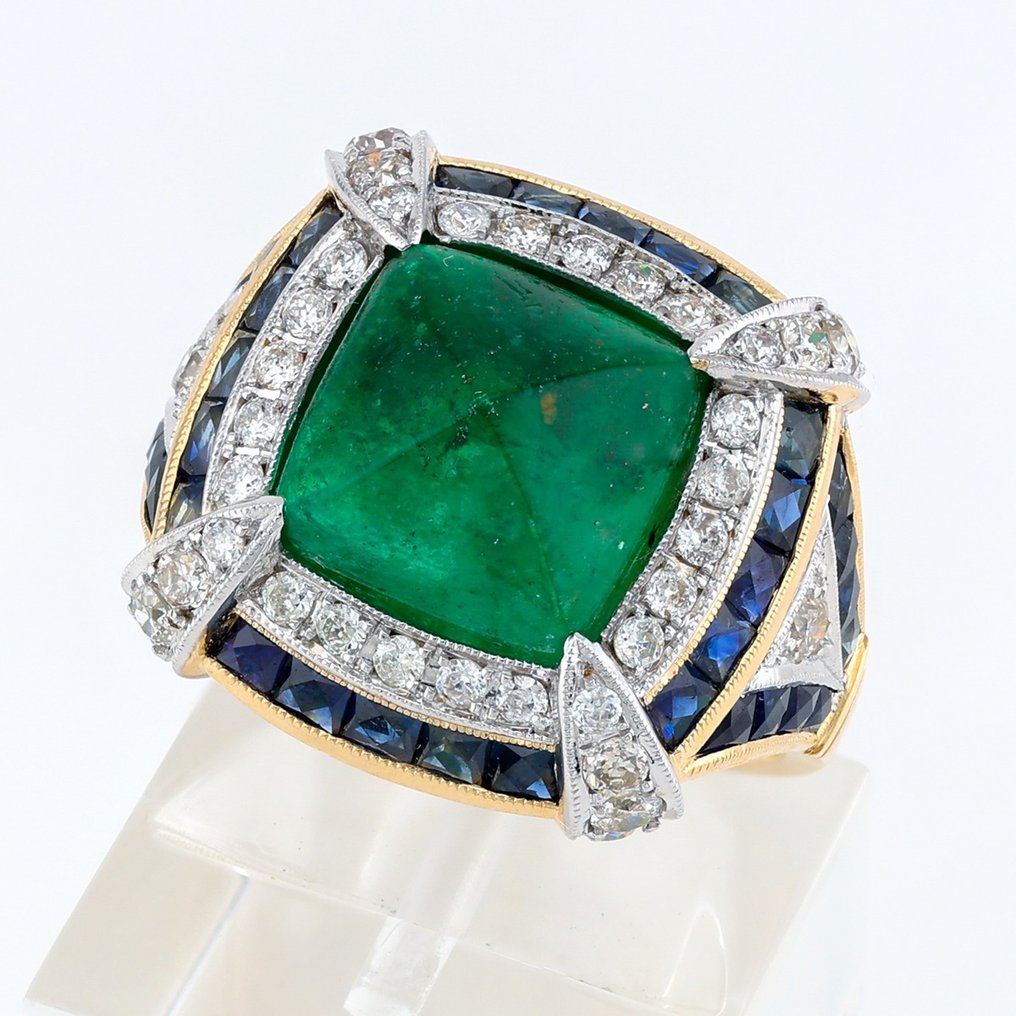 (IGI Certified) - Emerald 5.25 Blue Sapphires 1.72ct 36 Pcs Diamond 0.76 Ct 38 Pcs - Bague - 14 carats Or blanc, Or jaune #1.2