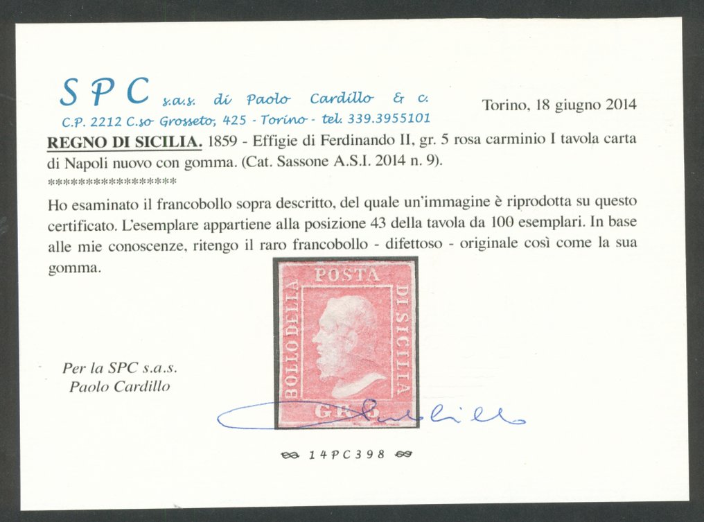 Antichi Stati italiani - Sicilia 1859 - 5 gr. rosa carminio I tavola carta di Napoli #2.1