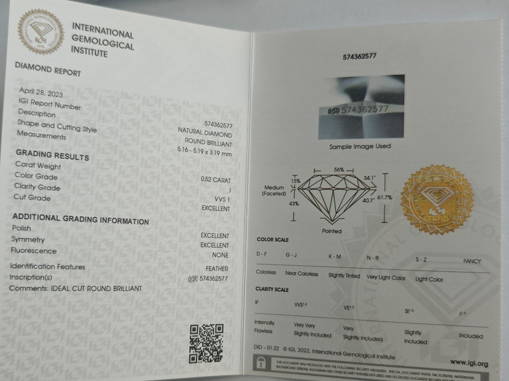 1 pcs Diamond  (Natural)  - 0.52 ct - Round - I - VVS1 - International Gemological Institute (IGI) #2.1
