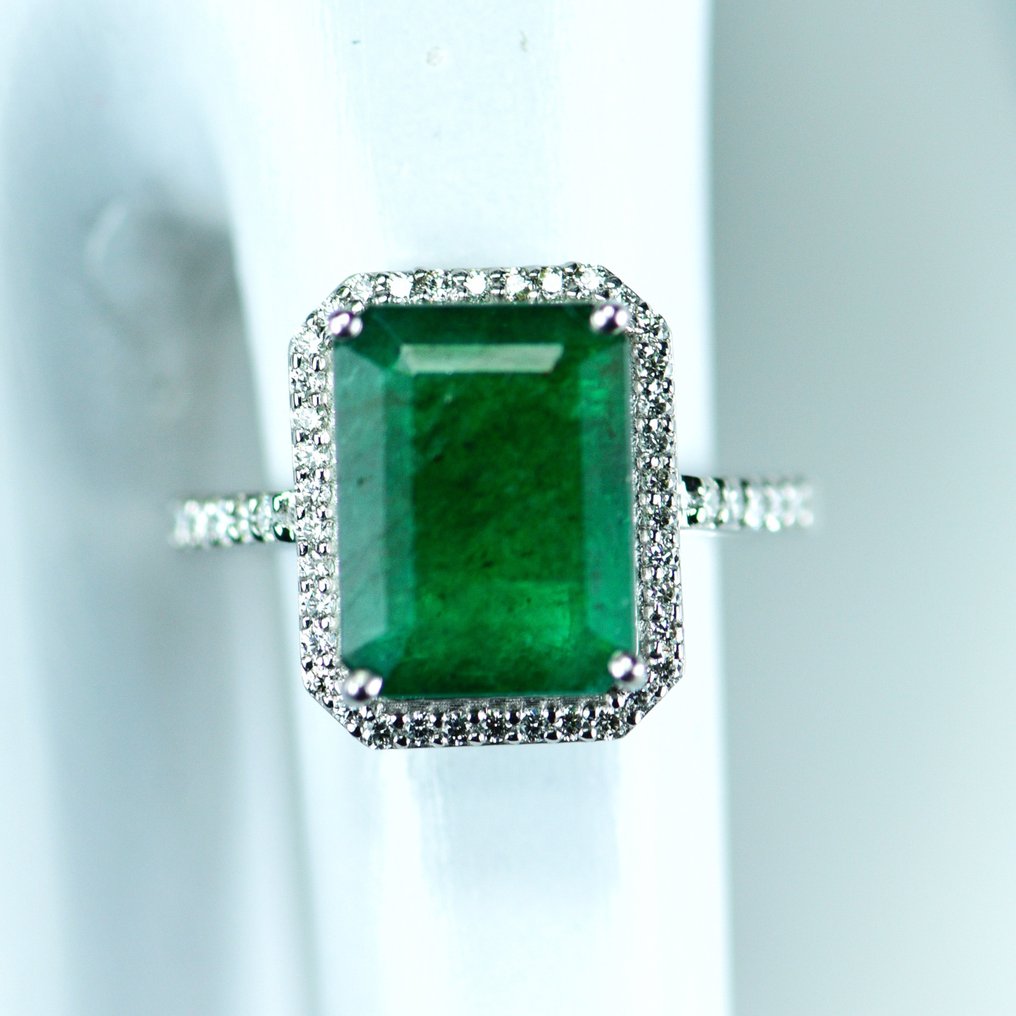 Ring Platina -  5.61ct. tw. Smaragd - Diamant - Emerald Halo ring #1.1