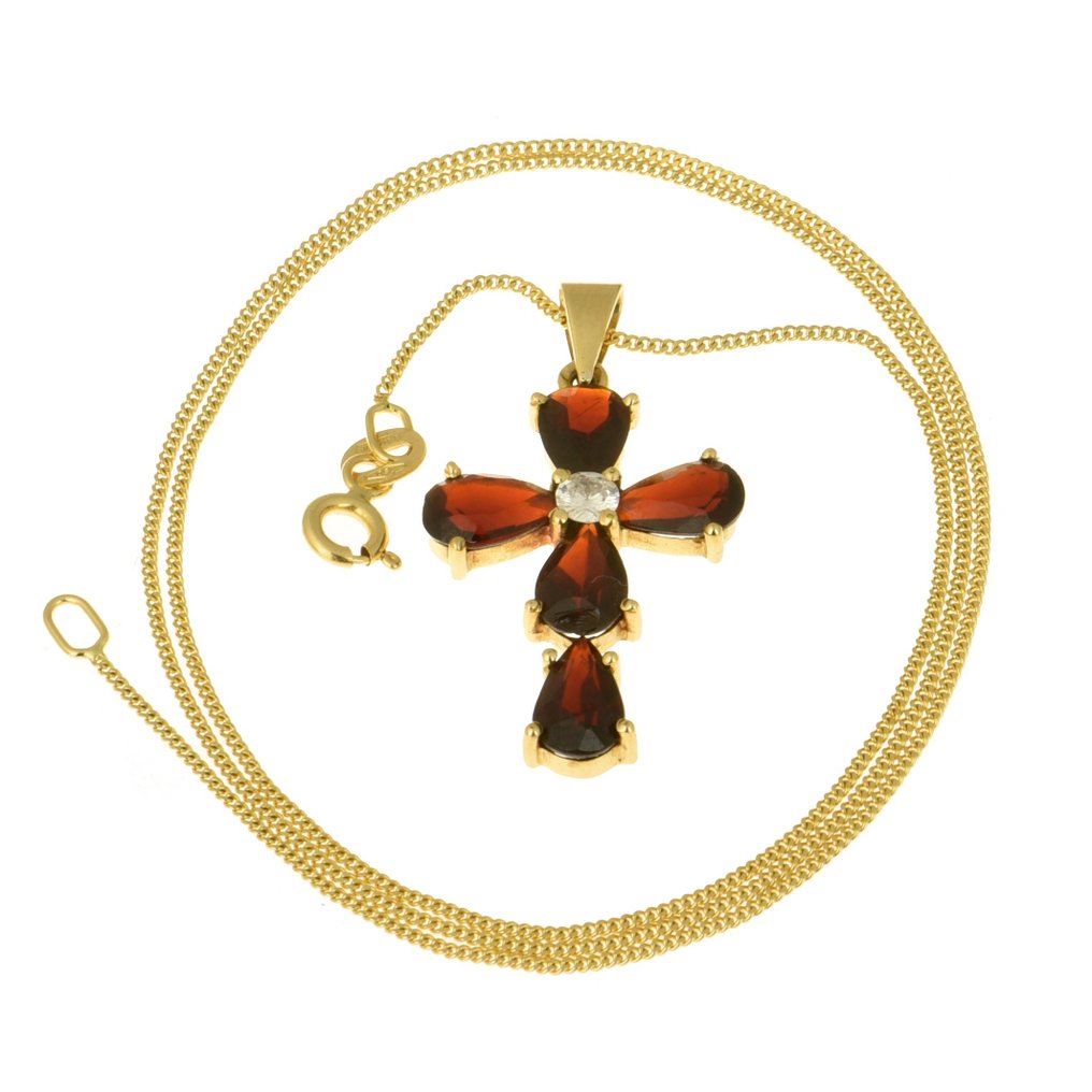 Halskette mit Anhänger - 18 kt Gelbgold Diamant - Granat #1.2