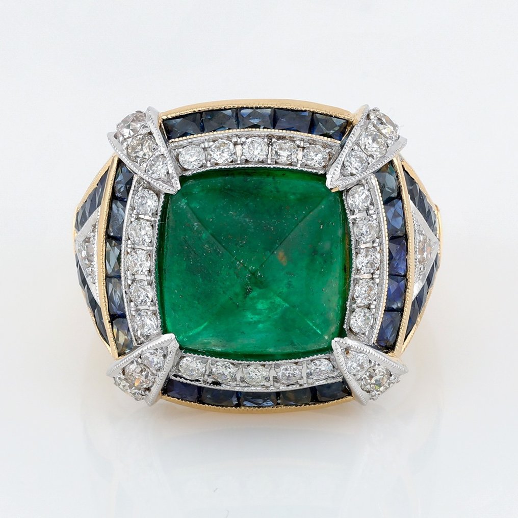 (IGI Certified) - Emerald 5.25 Blue Sapphires 1.72ct 36 Pcs Diamond 0.76 Ct 38 Pcs - Ring - 14 kt. White gold, Yellow gold #1.1