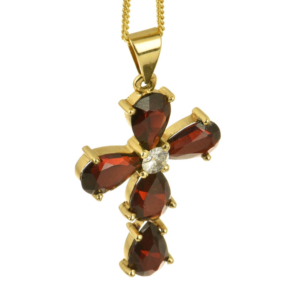 Halskette mit Anhänger - 18 kt Gelbgold Diamant - Granat #2.1