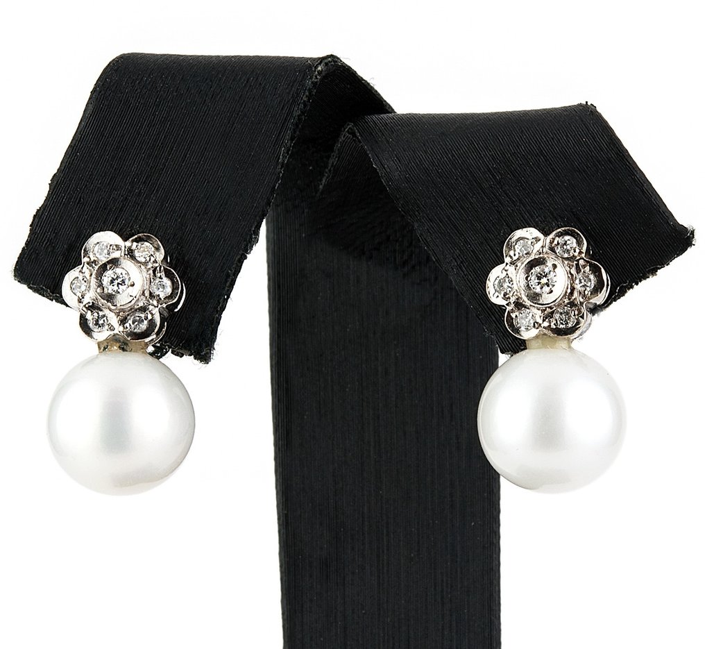 Earrings - 18 kt. White gold Diamond  (Natural) - Pearl #1.1