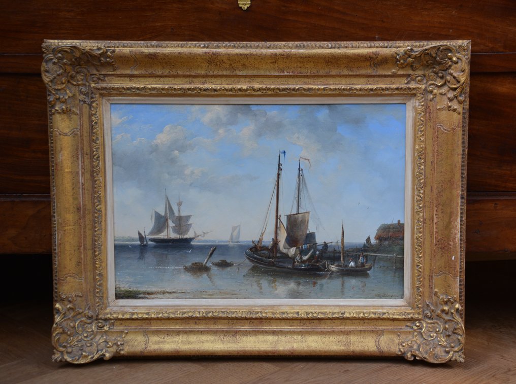 Nicolaas Riegen (1827-1889) - Rivierlandschap met boten #1.0