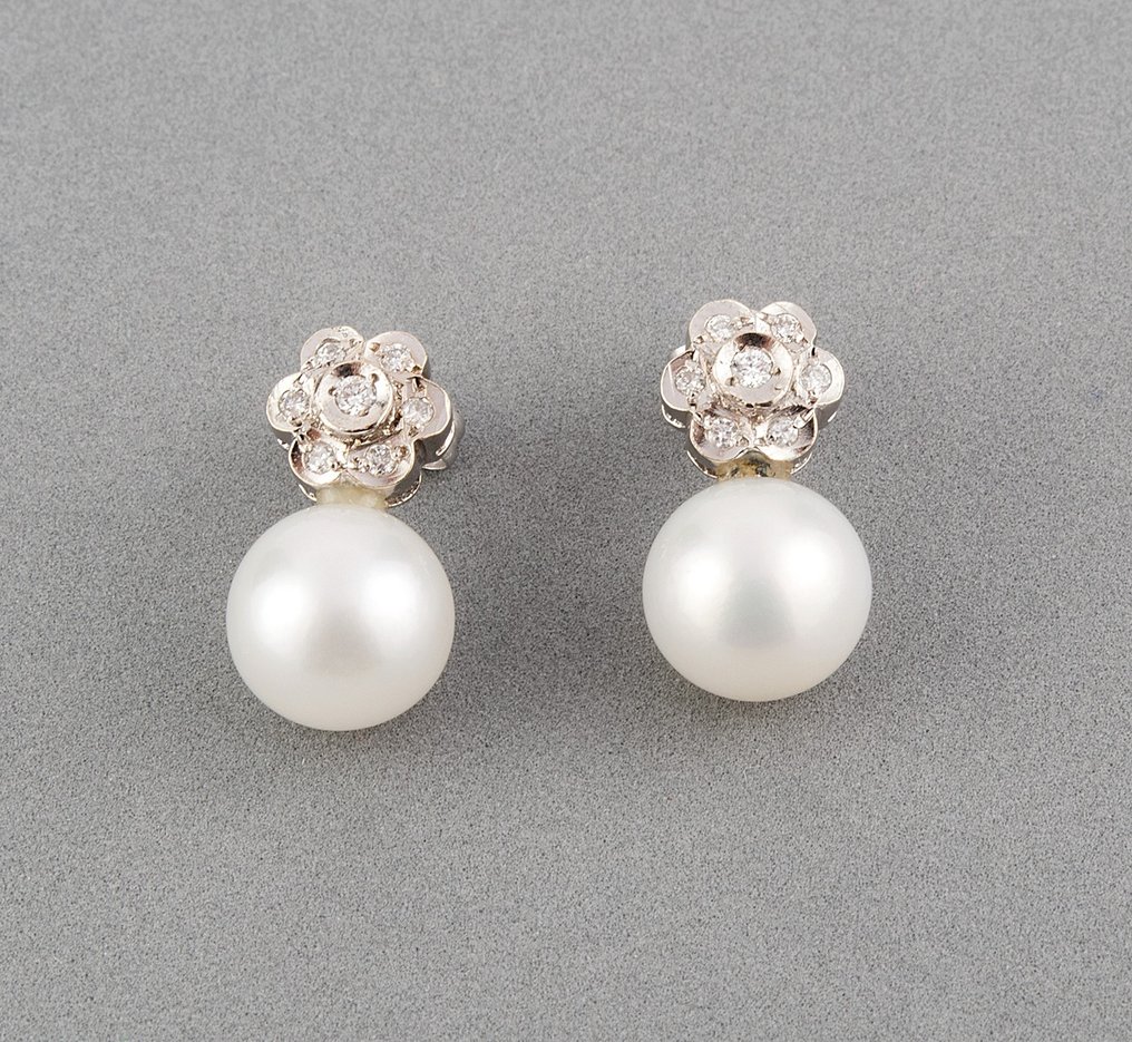 Earrings - 18 kt. White gold Diamond  (Natural) - Pearl #1.2