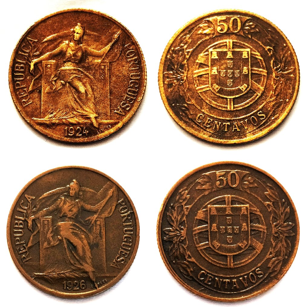 葡萄牙. Republic. 50 centavos - Set - 1924 + 1926 - Bronze/Alumínio - Rara #1.1