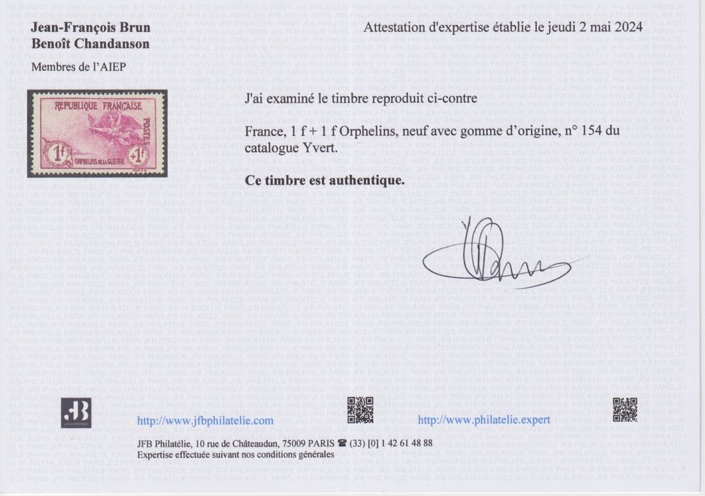 France 1918 - SM, n° 154, New*, very good centering, signed Calves and certified by Brun. Stunning - Yvert #2.2