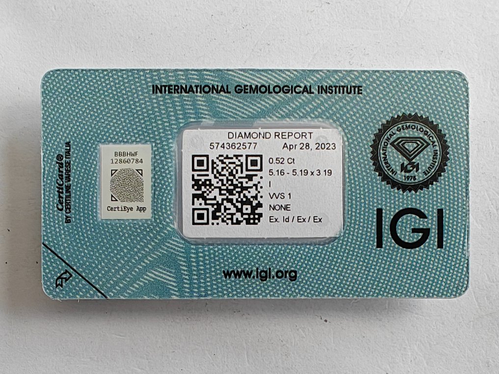 1 pcs Diamond  (Natural)  - 0.52 ct - Round - I - VVS1 - International Gemological Institute (IGI) #3.1