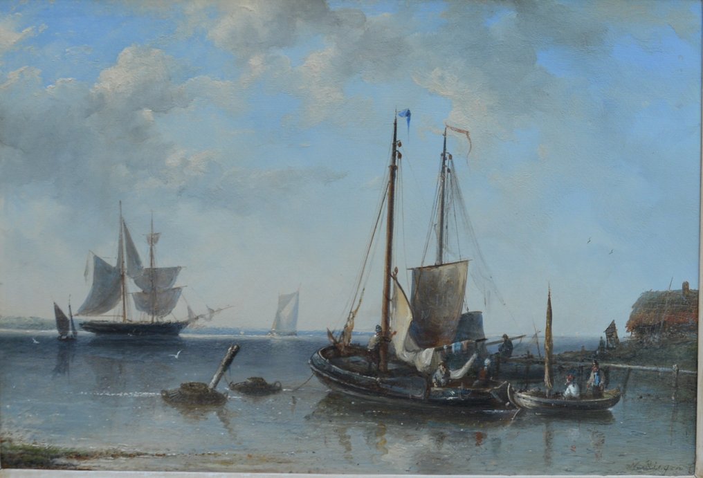 Nicolaas Riegen (1827-1889) - Rivierlandschap met boten #3.1