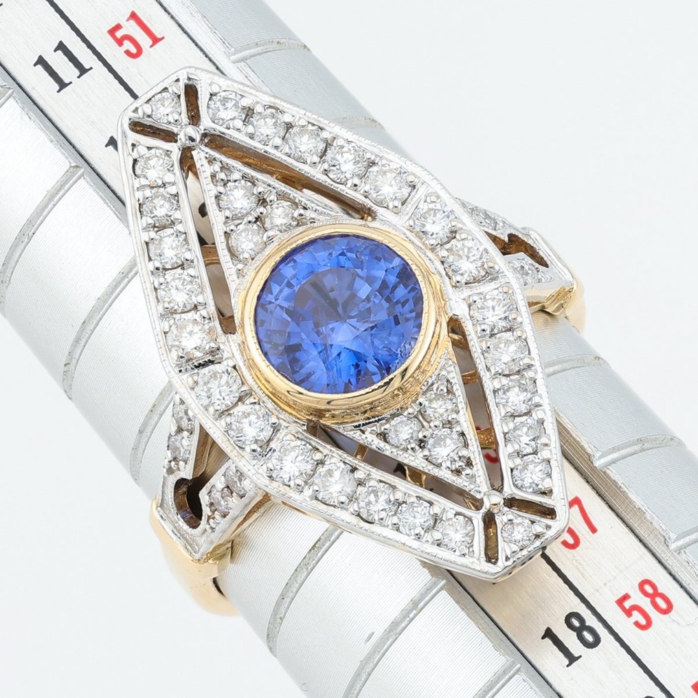 "GIA"  - (Blue) Sapphire 1.68 Cts & Diamond 0.63 Cts 40 Pcs - 14-karatowe Dwukolorowy - Pierścionek #2.1