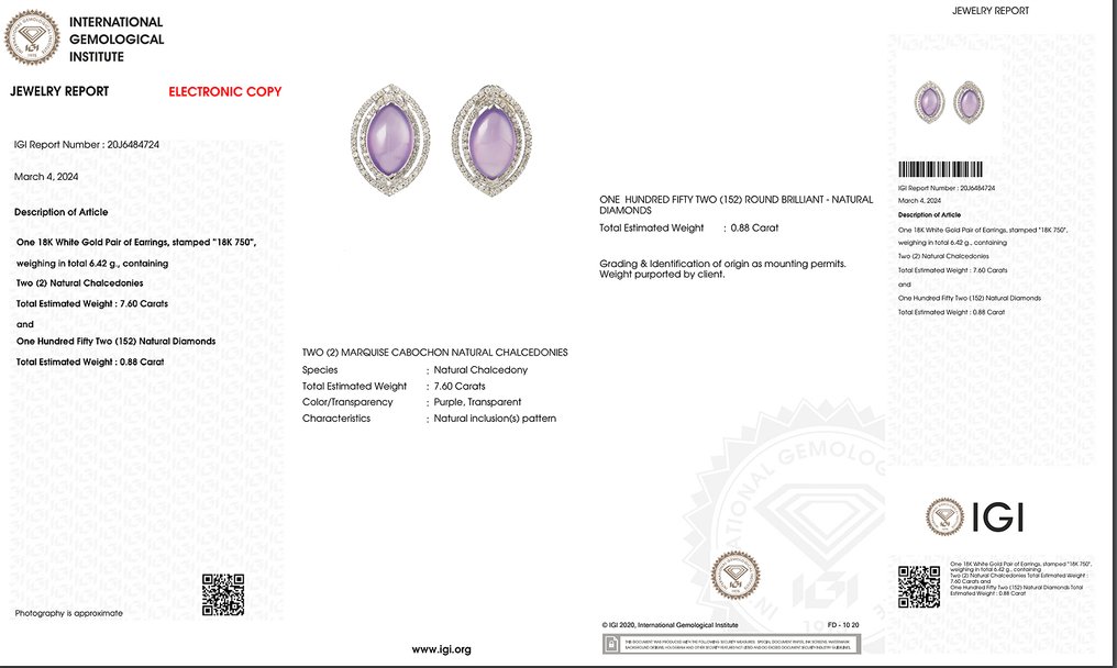 Boucles d'oreilles - 18 carats Or blanc Calcédoine - Diamant #3.1